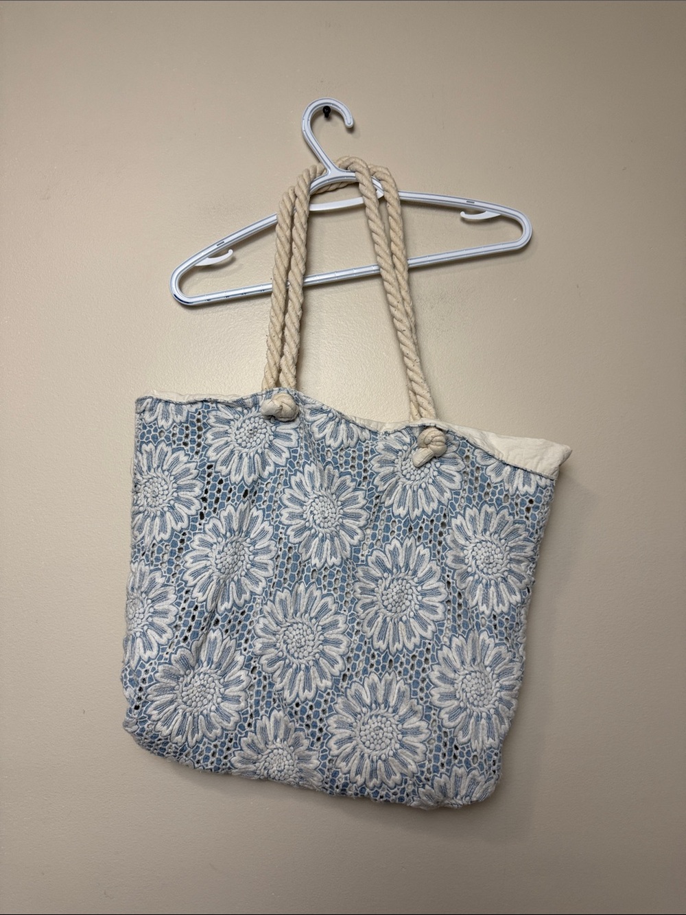Echo Blue & Cream Floral Crochet Tote Bag with Rope Handles 16 X 19